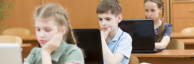 schoolkids using laptop at lesson