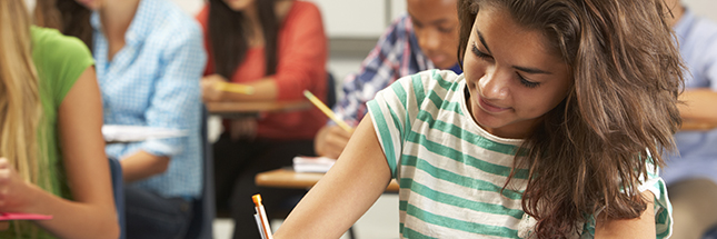 Female Pupil Studying At Desk In Classroom